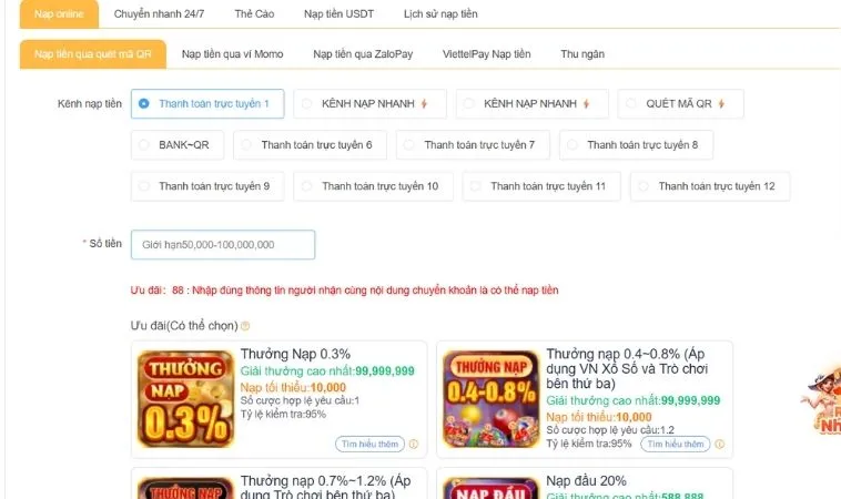 Nạp Tiền SODO Siêu Tốc Nhận Ngay Khuyến Mãi Khủng 100% 2 Giao diện nạp tiền SODO